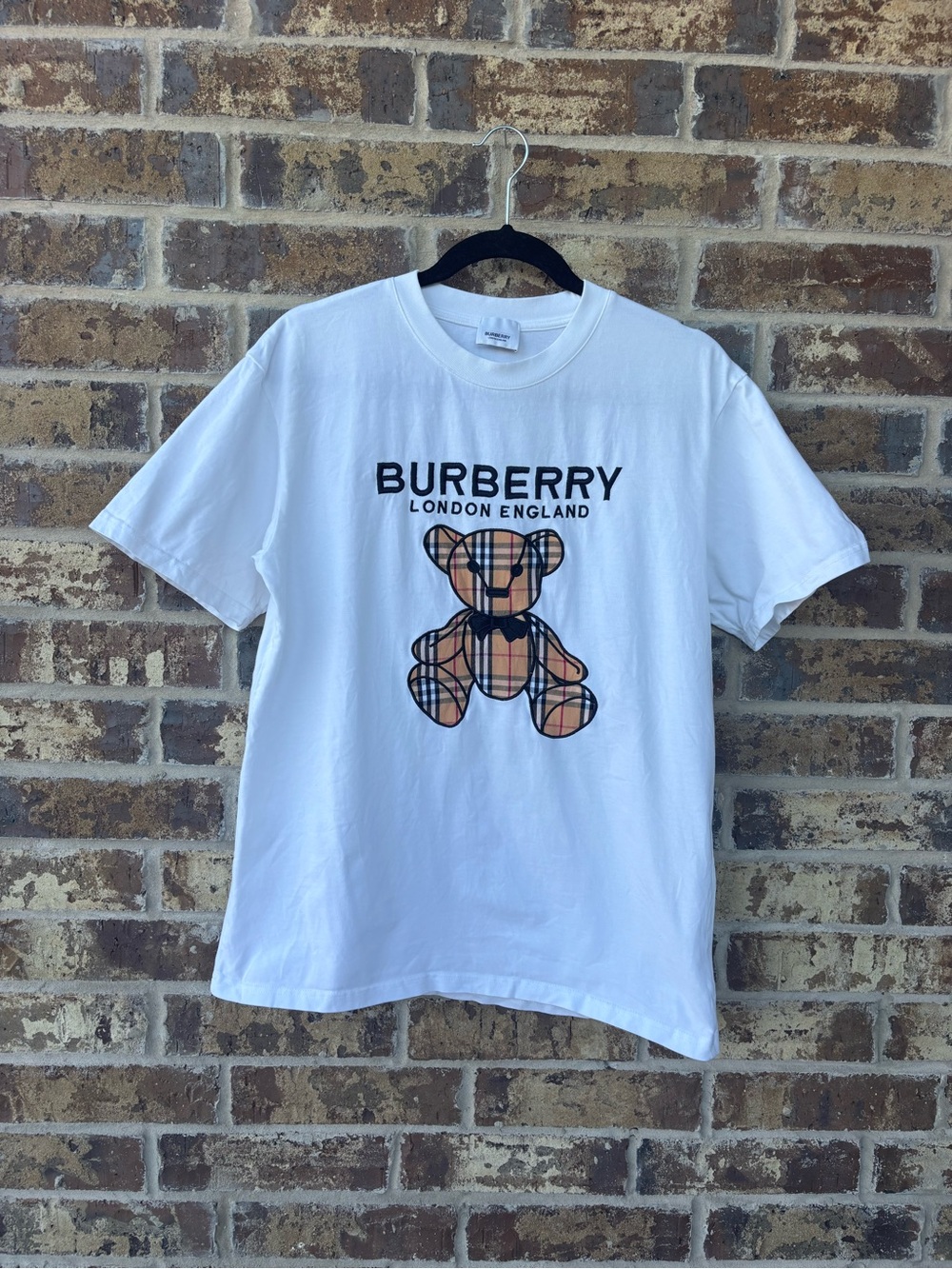 Burberry White Tee with Traditional Burberry Plaid Thomas Bear